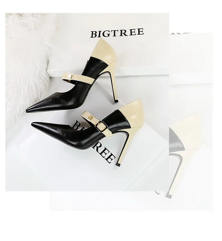 Faux Leather Pointed Heel Shoes with Buckle Decoration - Margaret