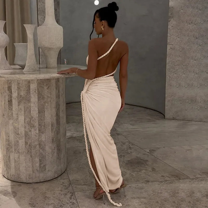 Maxi One-Shoulder Dress with Cutout and Slit, Braided Detail - Panama