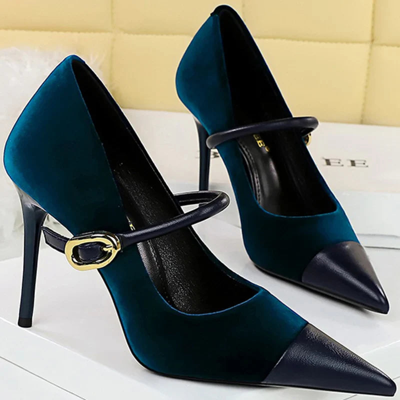 Pointed Heel Shoes with Velvet and Faux Leather Buckle Decoration - Mabel