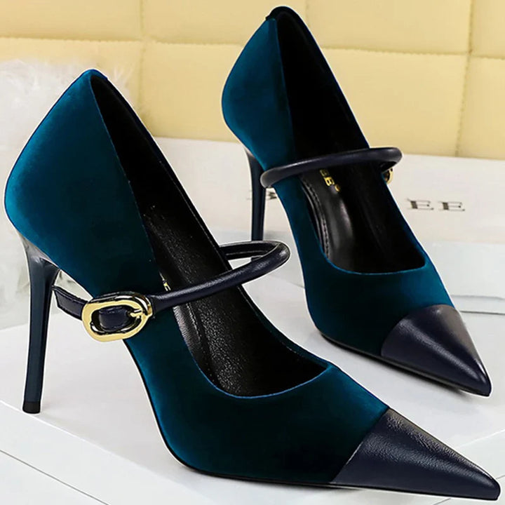 Pointed Heel Shoes with Velvet and Faux Leather Buckle Decoration - Mabel