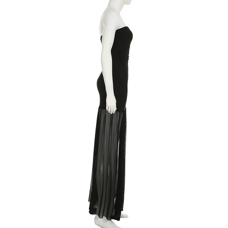 Strapless maxi dress with chiffon decoration and slit - Lettie