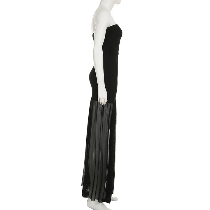 Strapless maxi dress with chiffon decoration and slit - Lettie