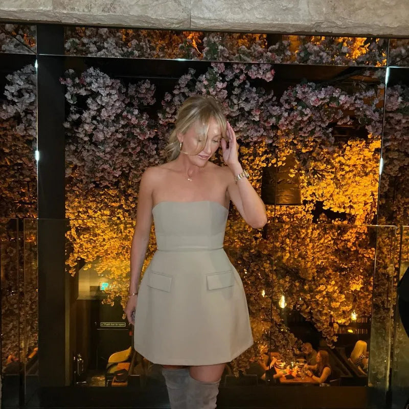 Strapless A-Line Mini Dress with Faux Pocket Detail - Angeles