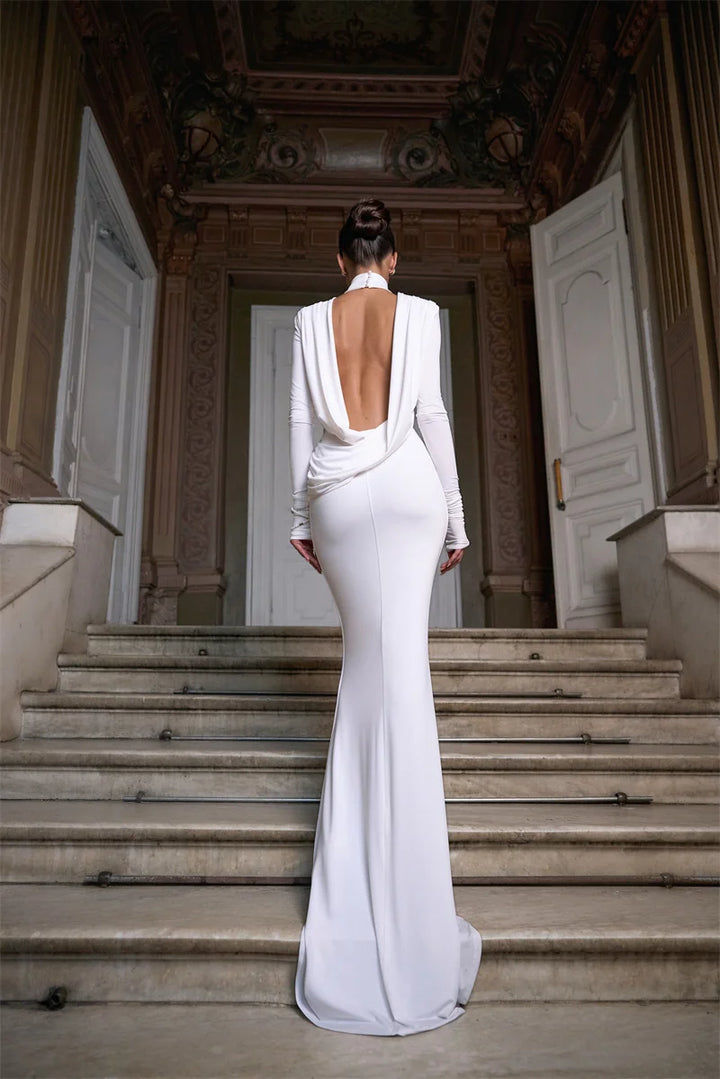 Elegant maxi dress with collar and open back - LARIAN