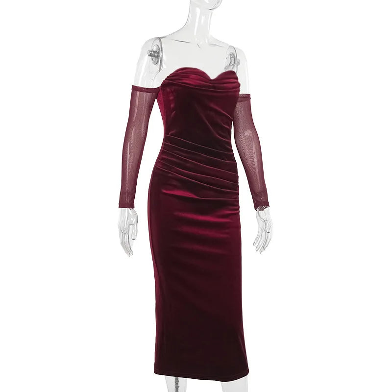 Velvet midi dress with pleats, off-shoulder, and mesh sleeves - Johanna