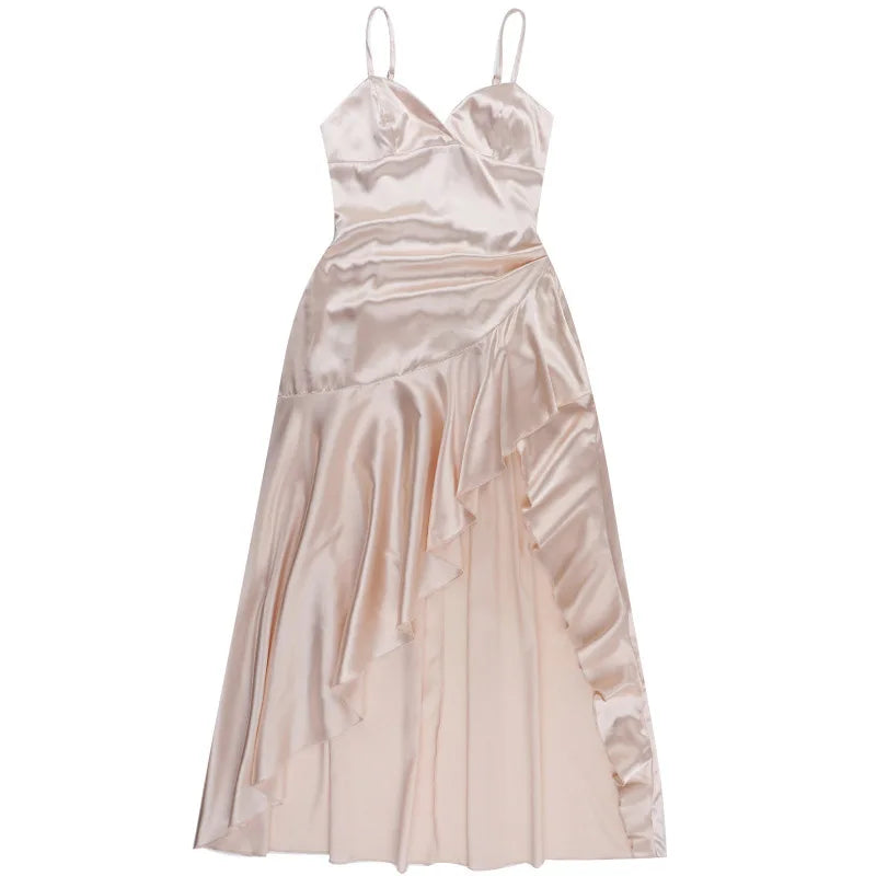 Satin Maxi Dress with Ruffle and Slit Detail - Siana