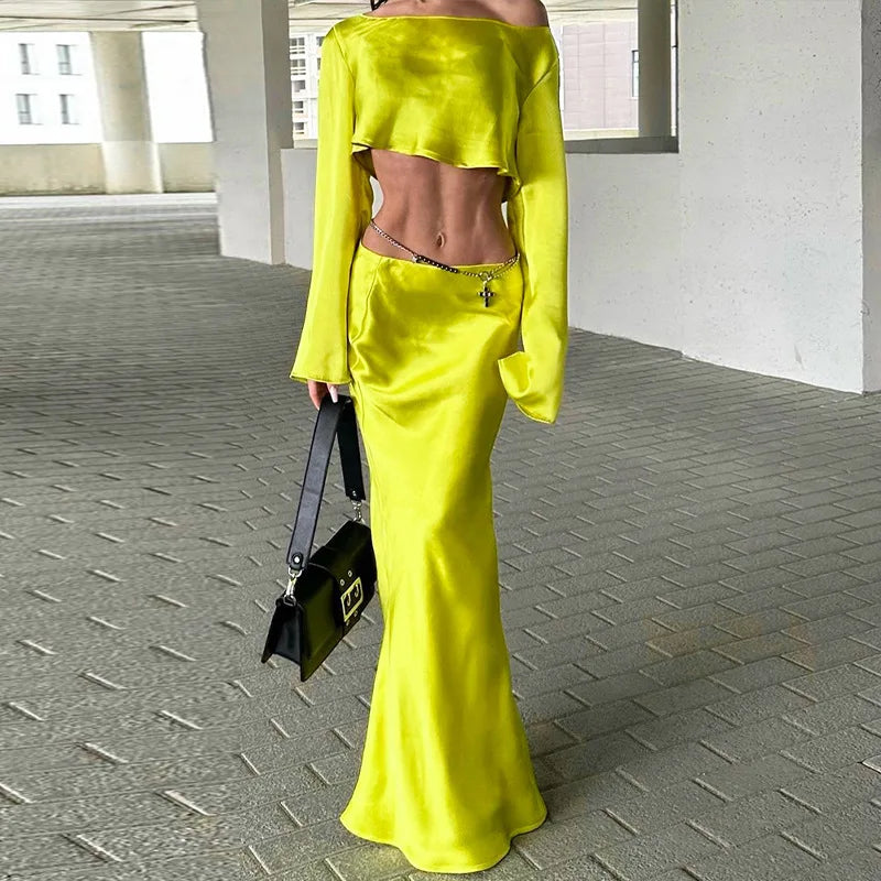 Two-piece satin set with blouse and maxi skirt - Daniela
