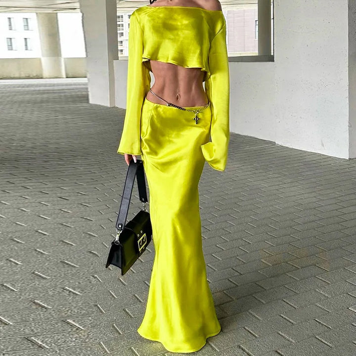 Two-piece satin set with blouse and maxi skirt - Daniela