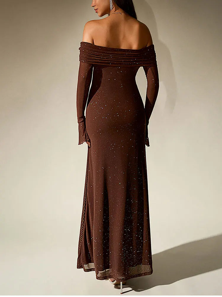 Sequin maxi dress with off-shoulder design and bell sleeves - Margarita