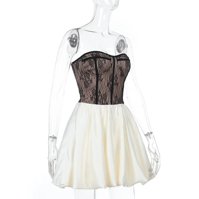 Strapless Balloon Mini Dress with Lace Ruffle Design - Amari
