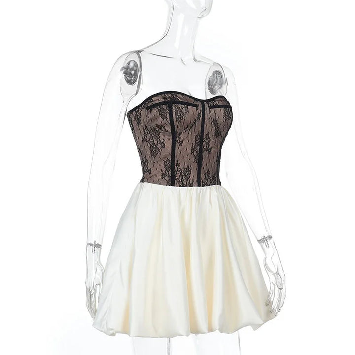 Strapless Balloon Mini Dress with Lace Ruffle Design - Amari