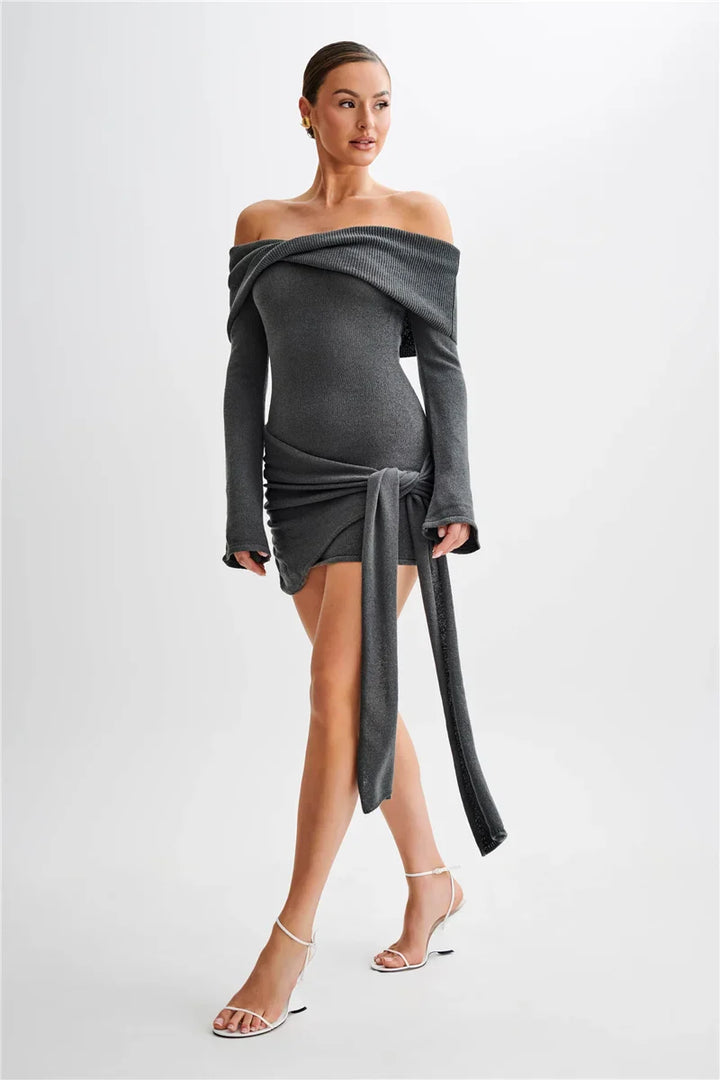 Knitted mini dress with off-shoulder tie design - Karin