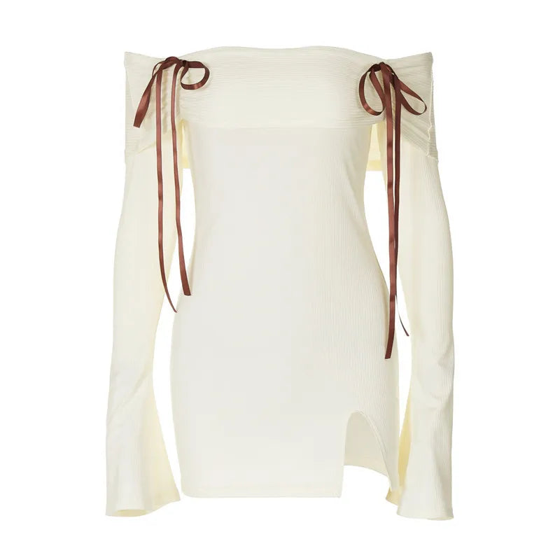 Knitted mini dress with off-shoulder and bow ribbon decoration - Yanga