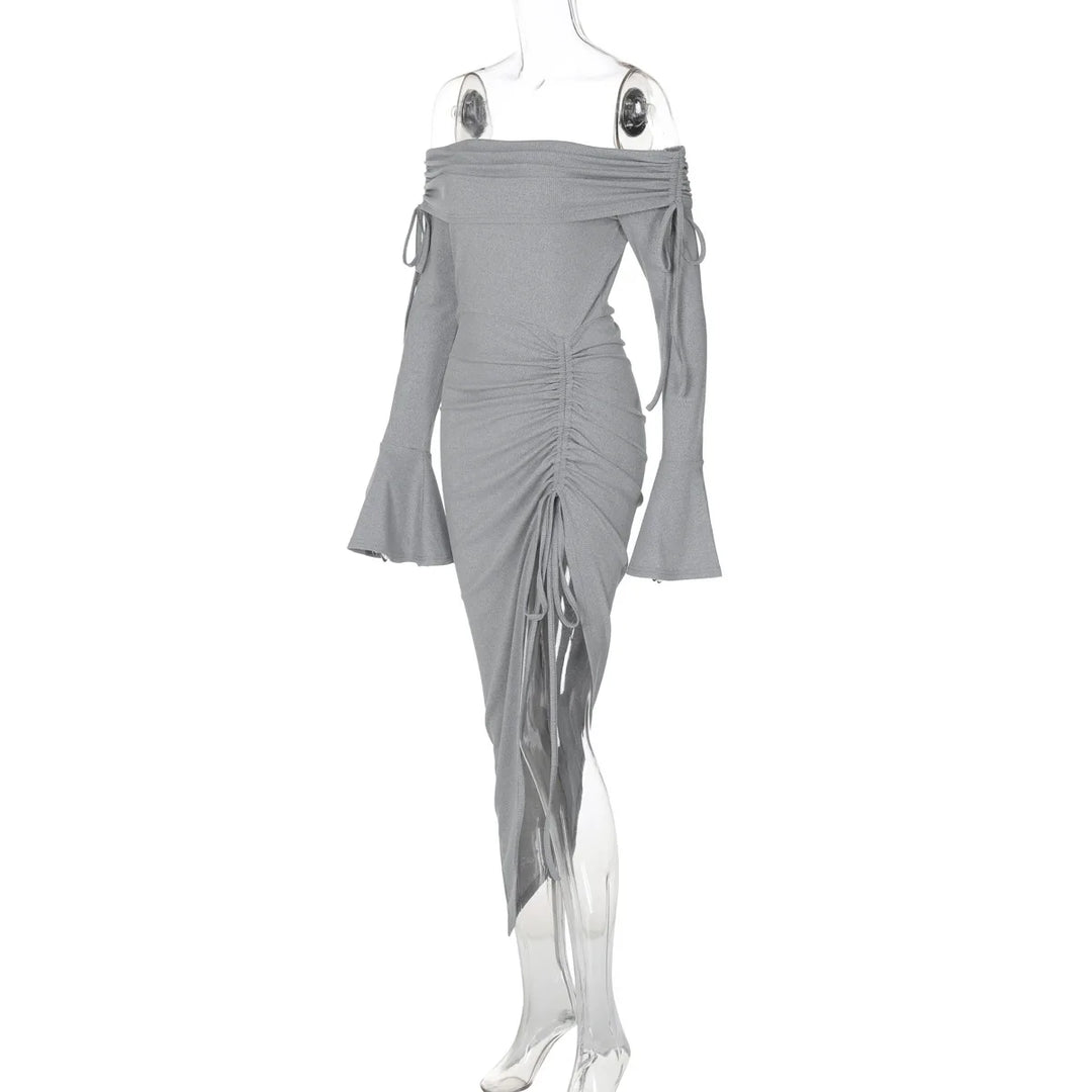 Off-Shoulder Maxi Dress with Slit, Ruching, and Tie Lace Detail - Aisha