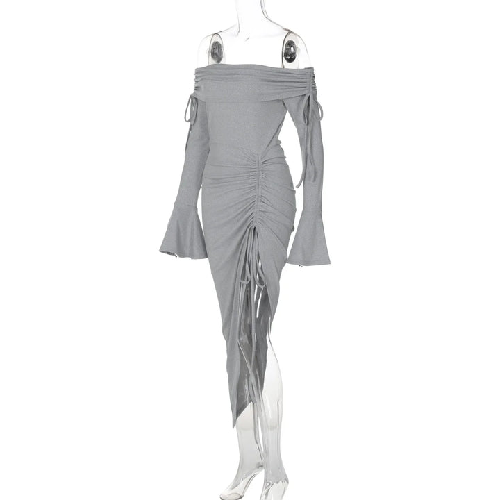 Off-Shoulder Maxi Dress with Slit, Ruching, and Tie Lace Detail - Aisha