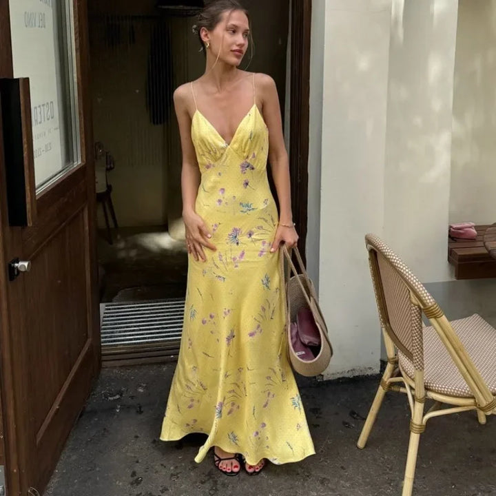 Maxi Satin Dress with Floral Print Detail - Baylee