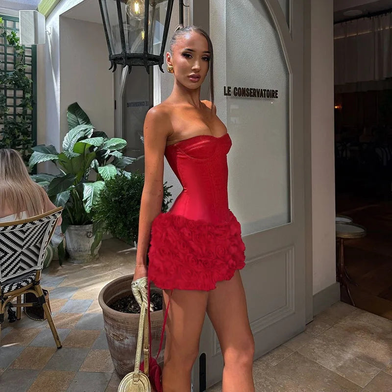 Strapless mini dress with corset design and 3D floral skirt - Loretta