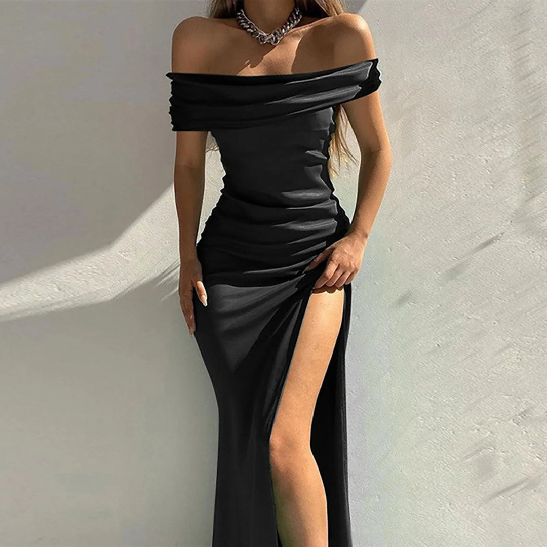 Maxi Satin Dress with Off-Shoulder Design and Slit - Harmoni