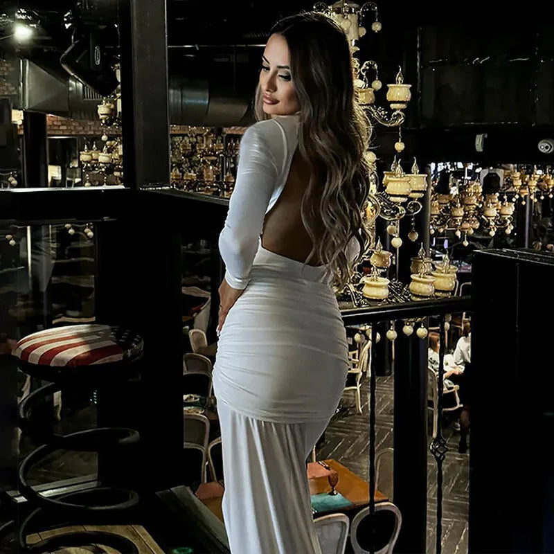 Turtleneck open-back maxi dress with ruching decoration - Ilayil