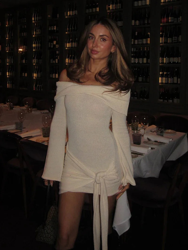 Knitted mini dress with off-shoulder tie design - Karin