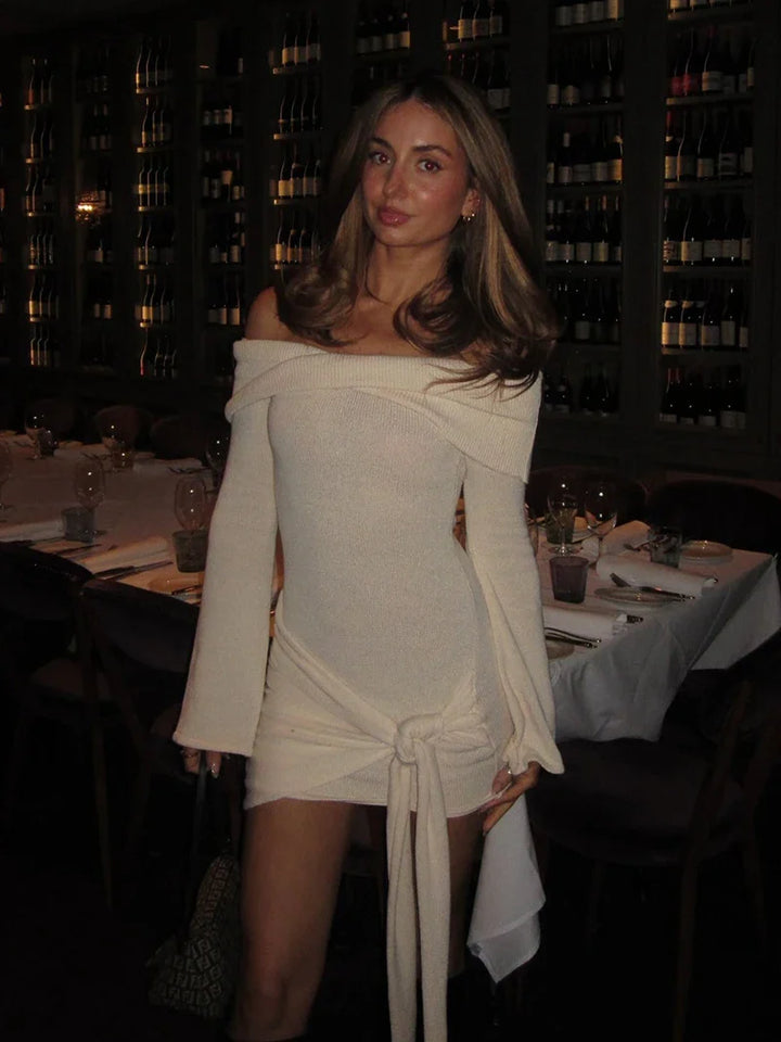 Knitted mini dress with off-shoulder tie design - Karin