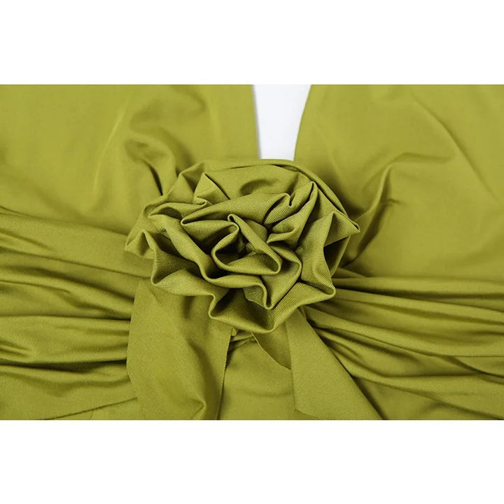 Maxi Dress with Ruffle and Flower Decoration and Open Back - Maxine