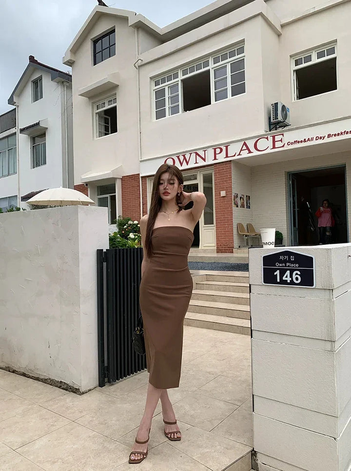 Elegant Strapless Midi Dress with Slit Decoration - Coral