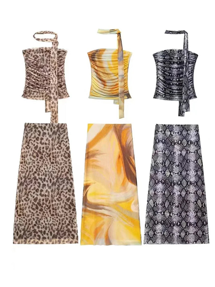 Two-Piece Chiffon Set with Strapless Top and Midi Skirt with Matching Scarf Detail - Liri