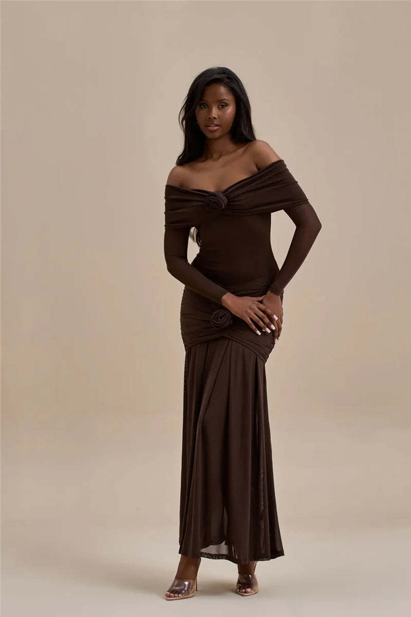 Off-shoulder maxi dress with ruching and floral appliqué decoration - Angelica