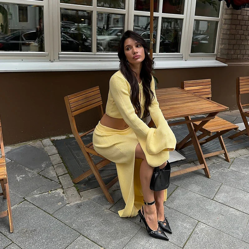 Two-piece knitted set with maxi skirt and tie-up top - Yamit