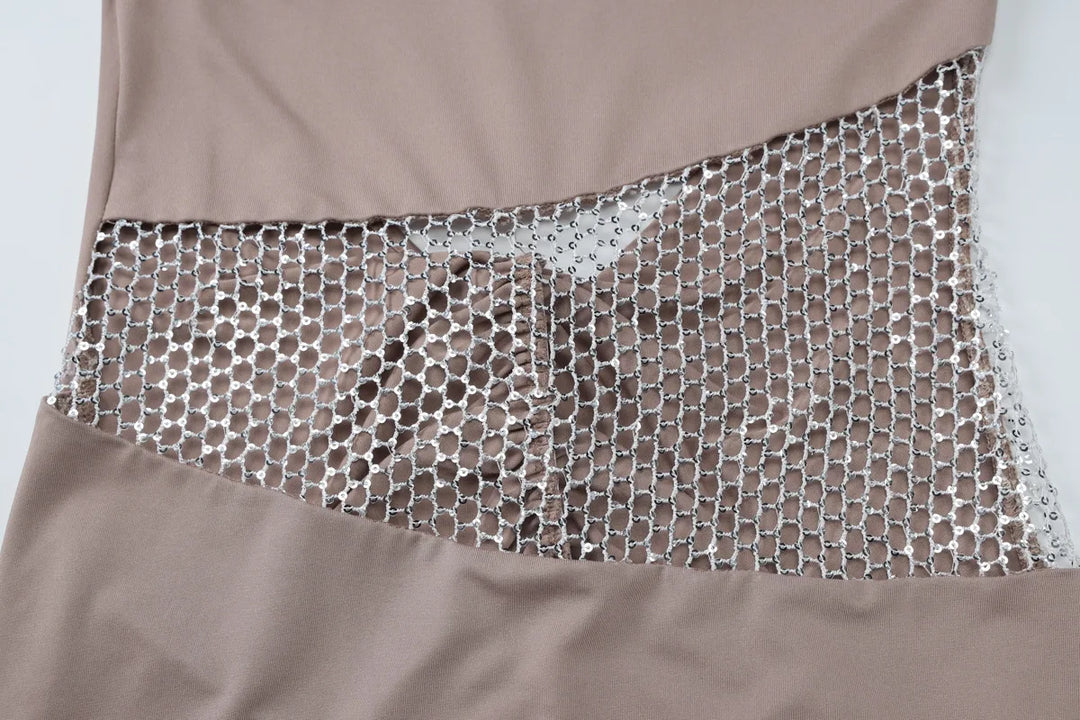 Mini Dress with Dropped Collar, Mesh, Sparkling Sequins, Ruching on Hips, and Neck Tie - Linda