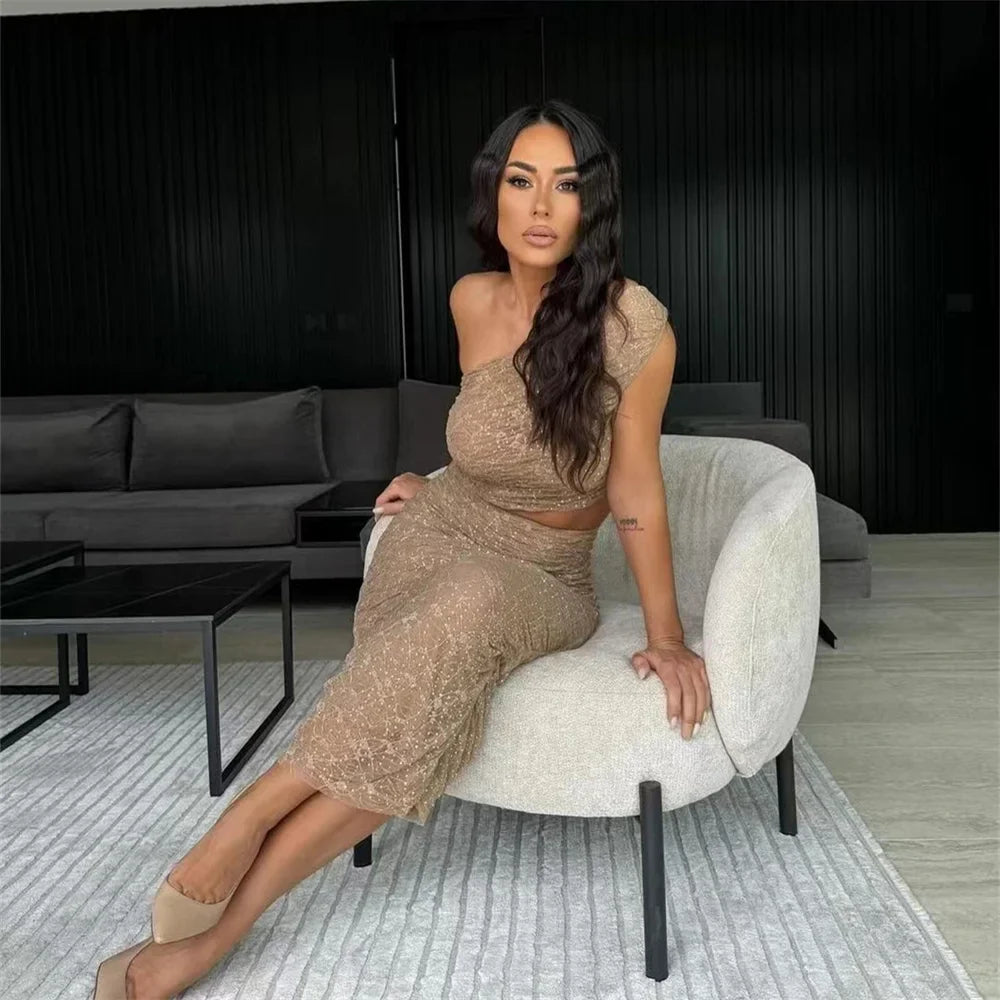 Two-piece set with one-shoulder top and midi skirt with pleats, lace, and rhinestone decoration - MELLISA