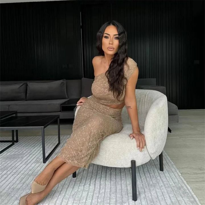 Two-piece set with one-shoulder top and midi skirt with pleats, lace, and rhinestone decoration - MELLISA
