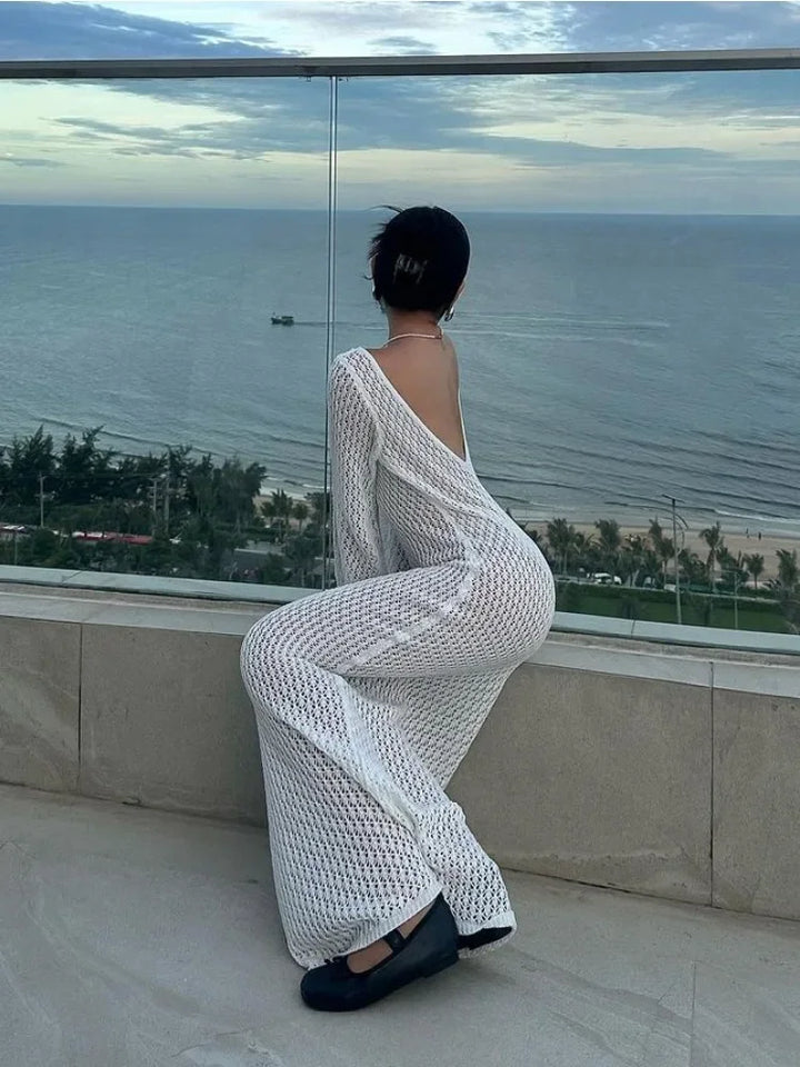 Knitted Maxi Beach Dress with Open Back and Pearl Pin Decoration - Lina