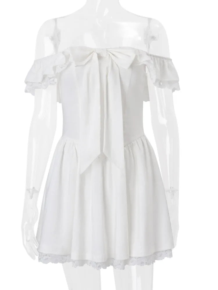 Rustic off-shoulder mini dress with lace decoration - Lali