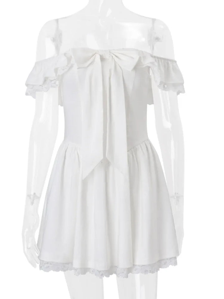 Rustic off-shoulder mini dress with lace decoration - Lali