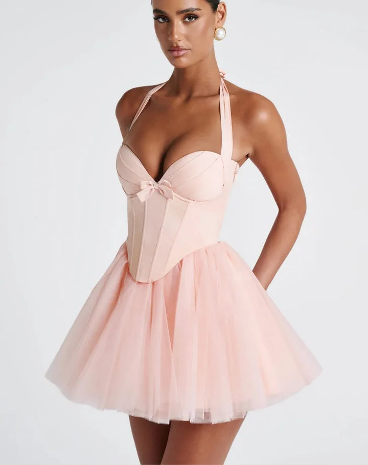 Ballerina mini dress in A-line cut with corset and tulle open back design - Mimi