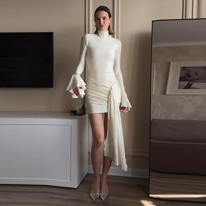 Turtleneck mini dress with bell sleeves and ruffle detail - Jenna