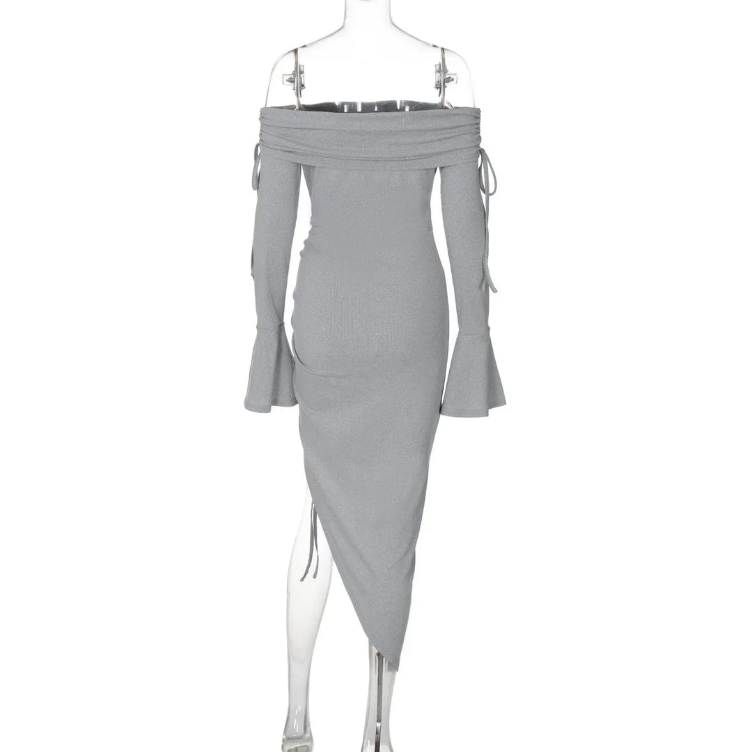 Off-Shoulder Maxi Dress with Slit, Ruching, and Tie Lace Detail - Aisha