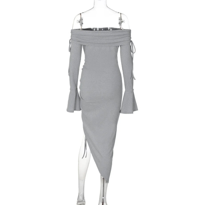 Off-Shoulder Maxi Dress with Slit, Ruching, and Tie Lace Detail - Aisha