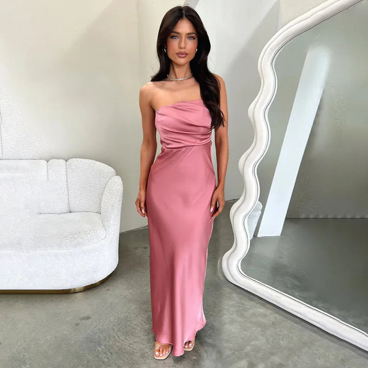 Maxi Strapless Satin Dress with Pleated Design - Rosa