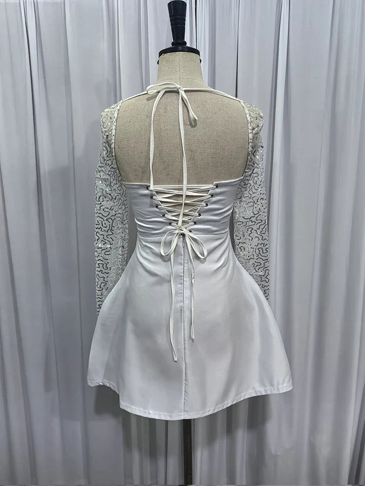 Satin Mini Dress with Mesh Sleeves and Glitter Decoration - Amara