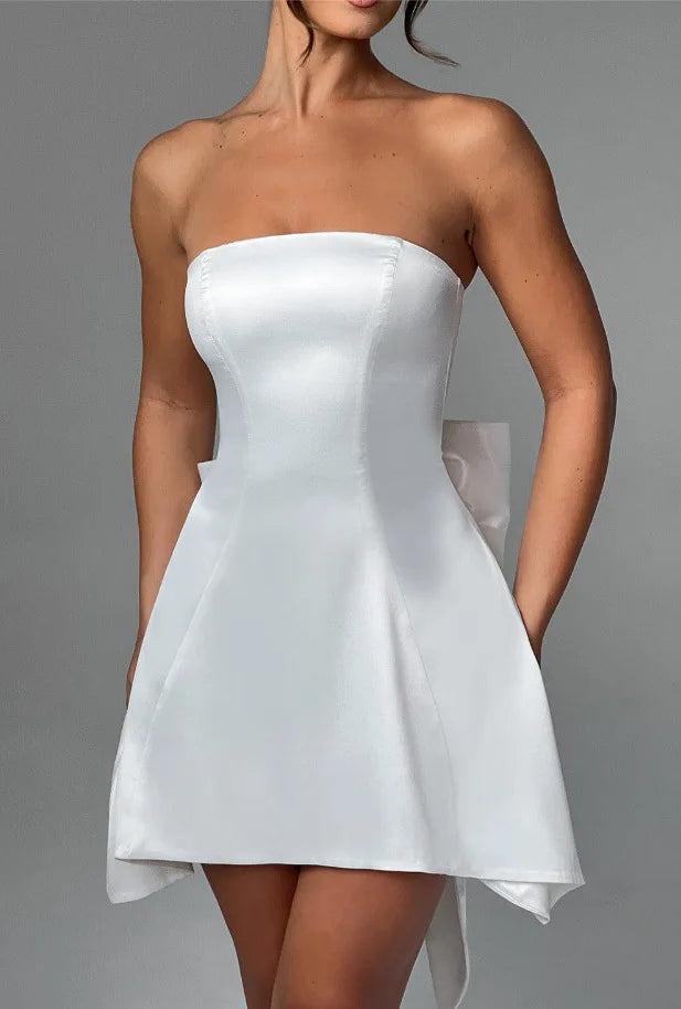 Strapless Satin Mini Dress with A-Line and Asymmetric Bow Detail - Roselyn