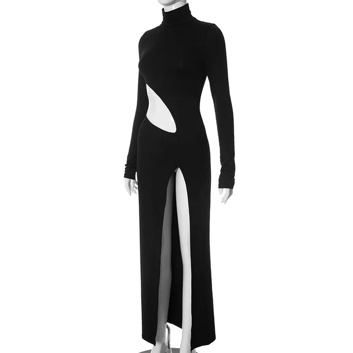 Maxi evening turtleneck dress with deep slit and cutout design - Elai