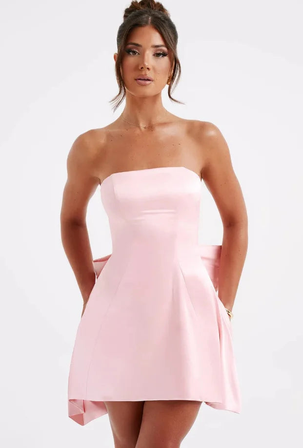 Strapless Satin Mini Dress with A-Line and Asymmetric Bow Detail - Roselyn