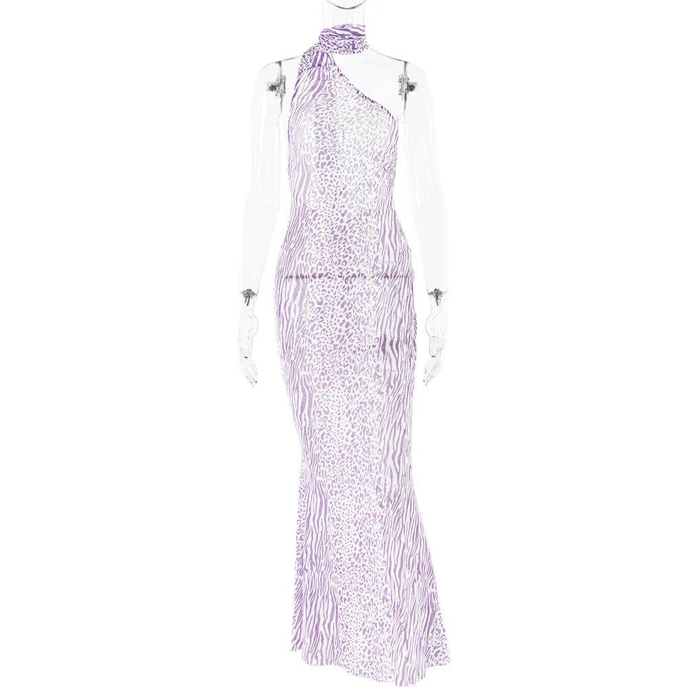 Leopard Print Mesh Maxi Dress with Open Back and Neck Tie - Jessica