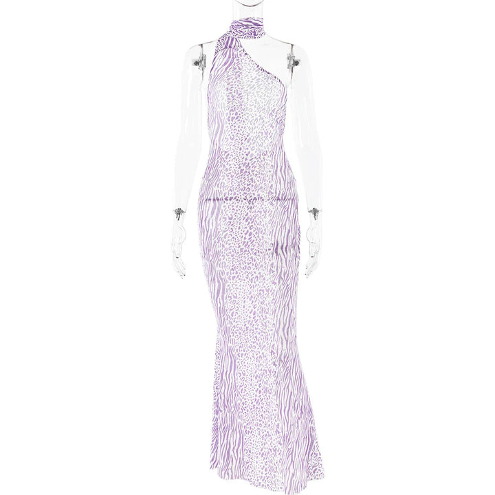 Leopard Print Mesh Maxi Dress with Open Back and Neck Tie - Jessica