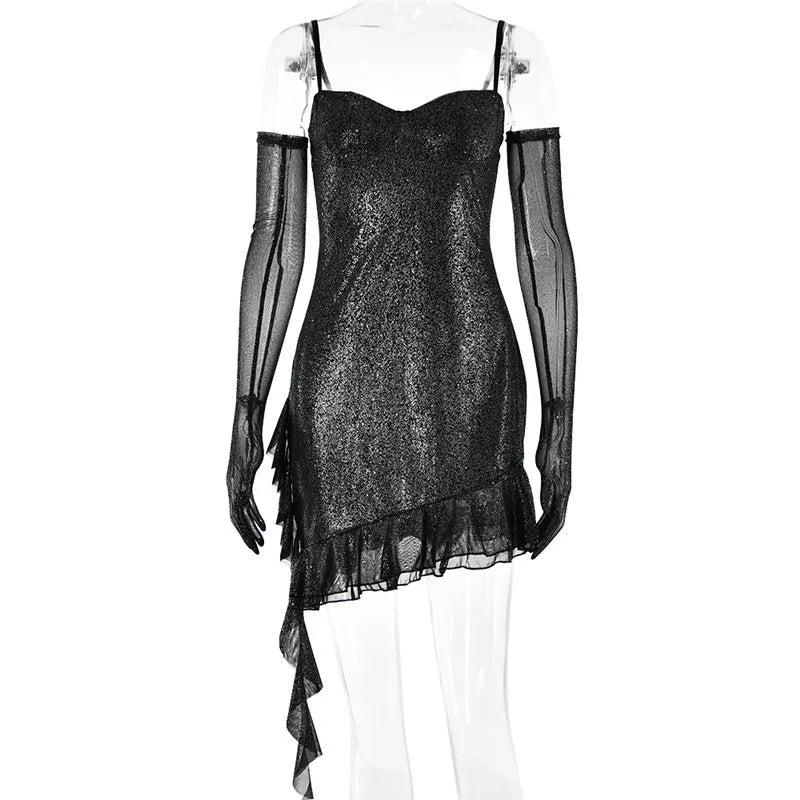 Sequin mini dress with ruffle design and matching gloves - Brooke