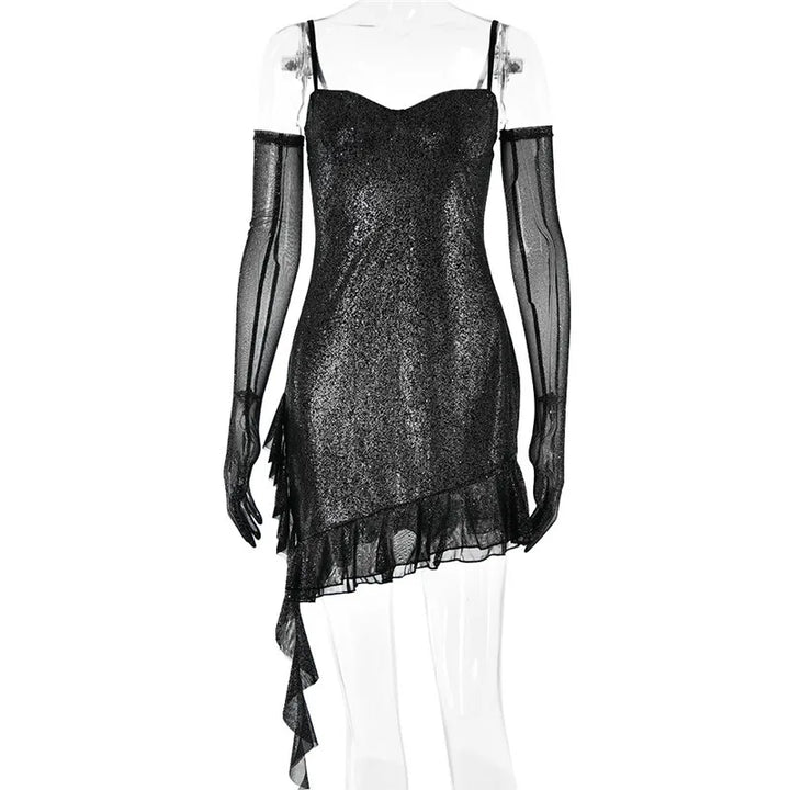 Sequin mini dress with ruffle design and matching gloves - Brooke
