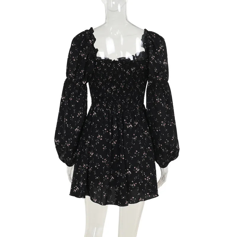 Floral ruffled mini dress with puff sleeves in a rustic style - Heidi